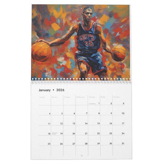 Hoops Dribble Basketbal Sport Gift kunstwerken Kalender (Jan 2026)