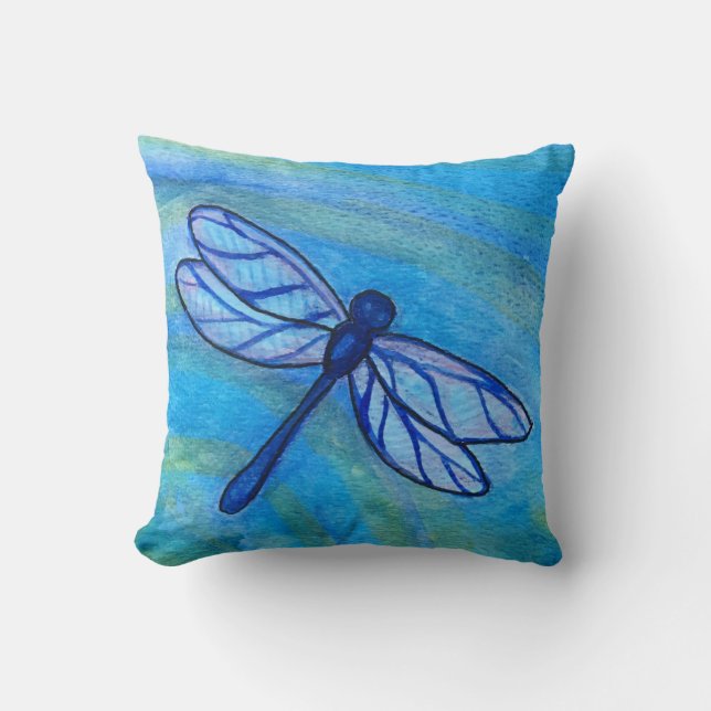 Hoopvolle blauwe dragonfly vreedzame Waterverf Kussen (Voorkant)