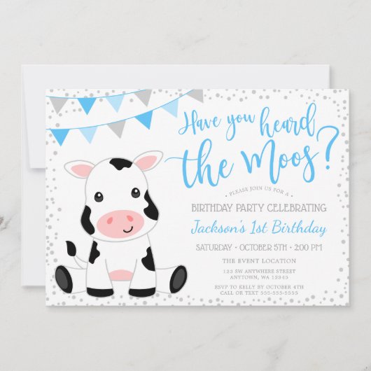 Hoor de Moos Blue Boy Koe Verjaardag Kaart (Voorkant)