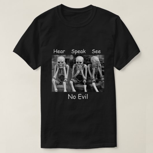Hoor spreken Zie Geen booskeletten T-shirt (Design voorkant)