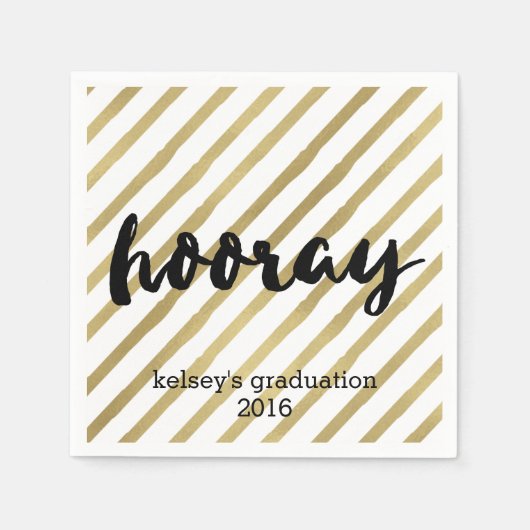 Hooray | Zwarte en Faux Gold Stripe Afstuderen Servet (Voorkant)