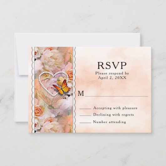 Hoorparels, Oranje Rozen en Butterflies Wedding RSVP Kaartje (Voorkant)