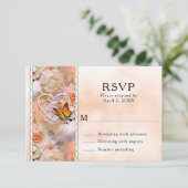 Hoorparels, Oranje Rozen en Butterflies Wedding RSVP Kaartje (Staand voorkant)