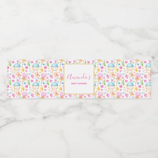 Hoorten en Muffins Waterverf Pattern Party Waterfles Etiket (Enkel label)