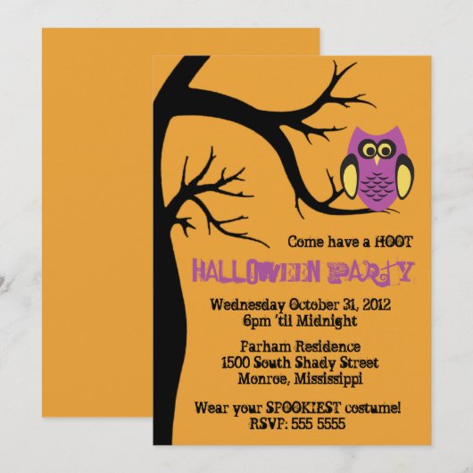Hoot Owl Halloween Party Invitation Kaart (Voorkant / Achterkant)