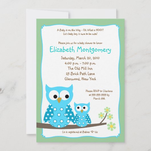 HOOT OWLS BLUE boy Baby shower 5x7 Kaart (Voorkant)