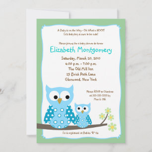 HOOT OWLS BLUE boy Baby shower 5x7 Kaart