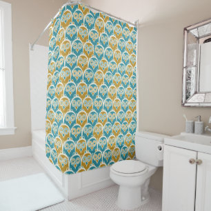 Hoot Owls Mustard en Turquoise Blue Patterned Douchegordijn