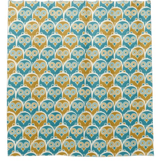 Hoot Owls Mustard en Turquoise Blue Patterned Douchegordijn (Voorkant)