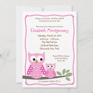 HOOT OWLS PINK Girl Baby shower 5x7 Kaart