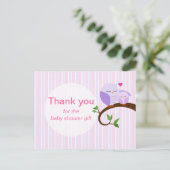 Hoot van een Baby shower Paarse dank u Briefkaart (Staand voorkant)