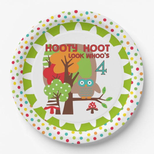 Hooty Hoot Owl 4th Birthday Paper Borden Papieren Bordje (Voorkant)