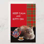 "HOP CALM AND KAT ON", RED TARTAN, CAT TEA PARTIJ BRIEFPAPIER (Voorkant / Achterkant)