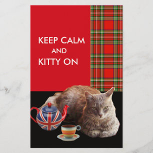 "HOP CALM AND KAT ON", RED TARTAN, CAT TEA PARTIJ BRIEFPAPIER