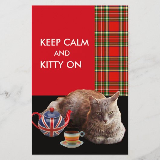 "HOP CALM AND KAT ON", RED TARTAN, CAT TEA PARTIJ BRIEFPAPIER (Voorkant)