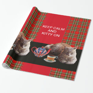 "HOP CALM AND KAT ON", RED TARTAN, CAT TEA PARTIJ CADEAUPAPIER