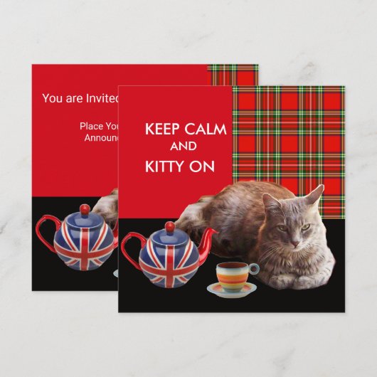 "HOP CALM AND KAT ON", RED TARTAN, CAT TEA PARTIJ KAART (Voorkant / Achterkant)