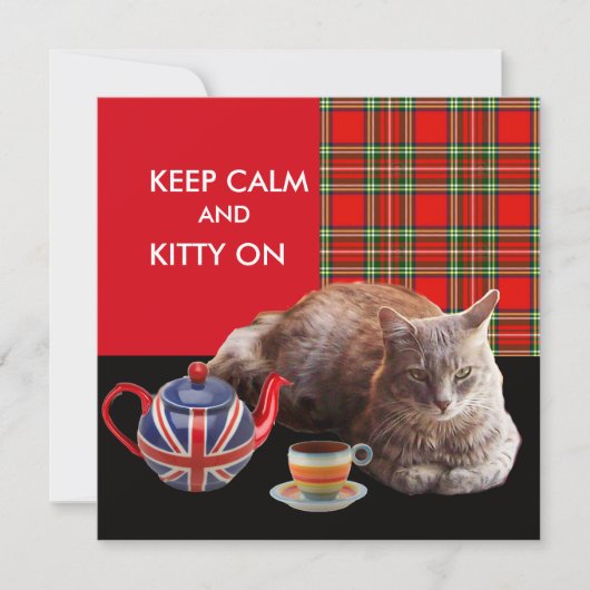"HOP CALM AND KAT ON", RED TARTAN, CAT TEA PARTIJ KAART (Voorkant)