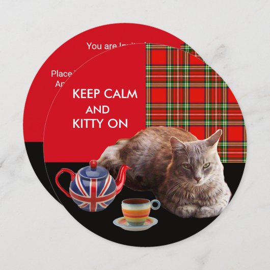 "HOP CALM AND KAT ON", RED TARTAN, CAT TEA PARTIJ KAART (Voorkant / Achterkant)