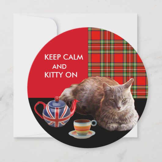 "HOP CALM AND KAT ON", RED TARTAN, CAT TEA PARTIJ KAART (Voorkant)