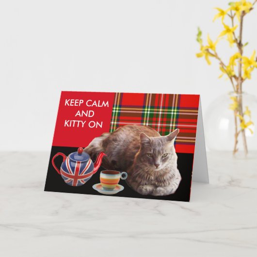 "HOP CALM AND KAT ON", RED TARTAN, CAT TEA PARTIJ KAART (Gele Bloem)