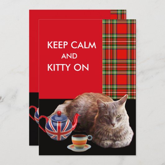 "HOP CALM AND KAT ON", RED TARTAN, CAT TEA PARTIJ KAART (Voorkant / Achterkant)
