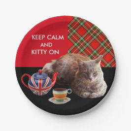 "HOP CALM AND KAT ON", RED TARTAN, CAT TEA PARTIJ PAPIEREN BORDJE