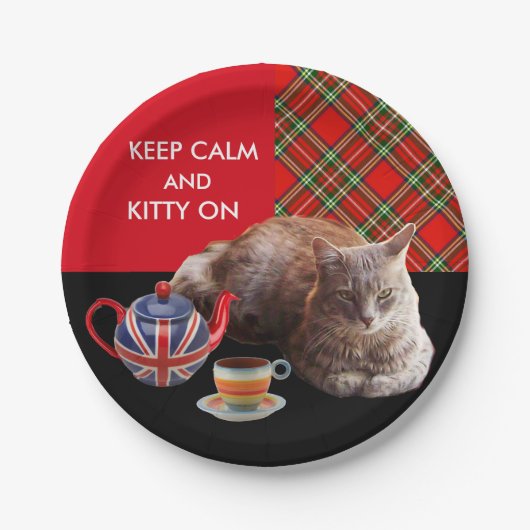"HOP CALM AND KAT ON", RED TARTAN, CAT TEA PARTIJ PAPIEREN BORDJE (Voorkant)