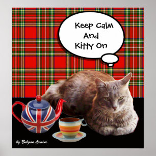 "HOP CALM AND KAT ON", RED TARTAN, CAT TEA PARTIJ POSTER