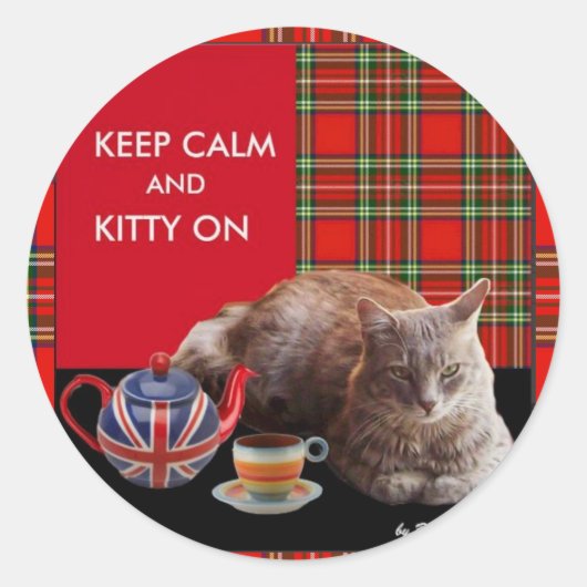 "HOP CALM AND KAT ON", RED TARTAN, CAT TEA PARTIJ RONDE STICKER (Voorkant)