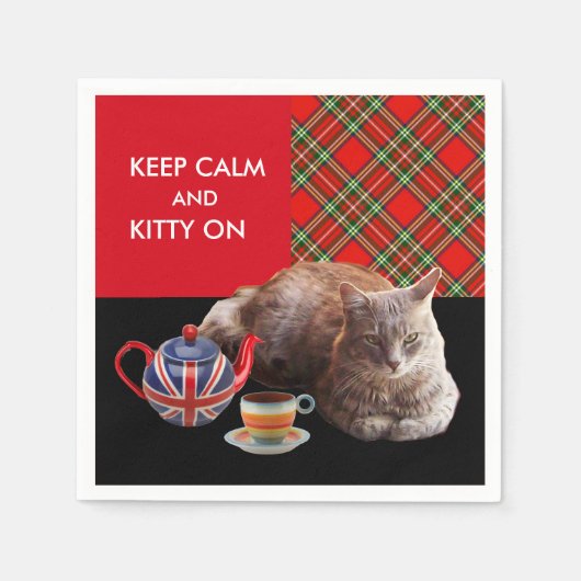 "HOP CALM AND KAT ON", RED TARTAN, CAT TEA PARTIJ SERVETTEN (Voorkant)