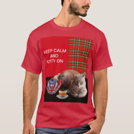 "HOP CALM AND KAT ON", RED TARTAN, CAT TEA PARTIJ T-SHIRT
