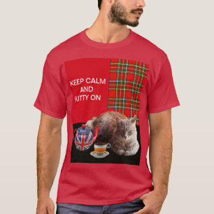 "HOP CALM AND KAT ON", RED TARTAN, CAT TEA PARTIJ T-SHIRT