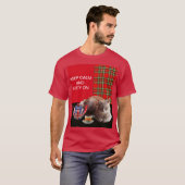 "HOP CALM AND KAT ON", RED TARTAN, CAT TEA PARTIJ T-SHIRT (Voorkant volledig)