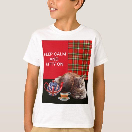 "HOP CALM AND KAT ON", RED TARTAN, CAT TEA PARTIJ T-SHIRT (Voorkant)