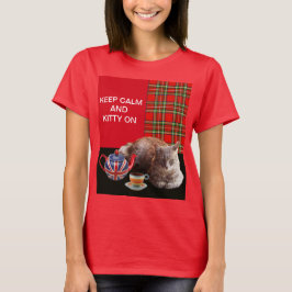 "HOP CALM AND KAT ON", RED TARTAN, CAT TEA PARTIJ T-SHIRT
