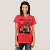 "HOP CALM AND KAT ON", RED TARTAN, CAT TEA PARTIJ T-SHIRT (Voorkant volledig)