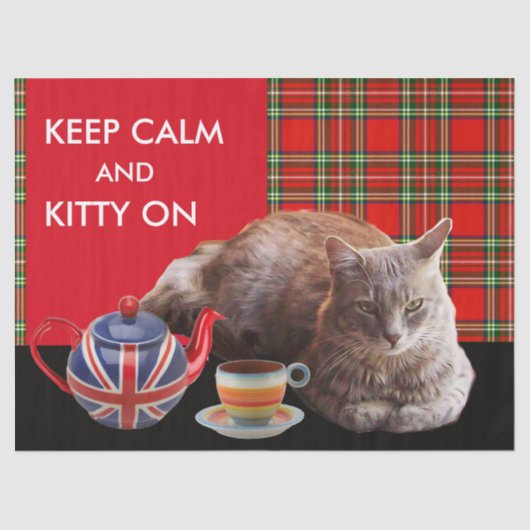 "HOP CALM AND KAT ON", RED TARTAN, CAT TEA PARTIJ TISSUEPAPIER (Voorkant)