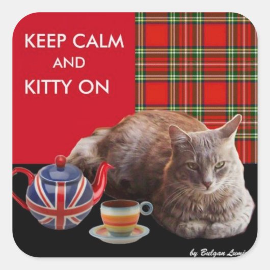 "HOP CALM AND KAT ON", RED TARTAN, CAT TEA PARTIJ VIERKANTE STICKER (Voorkant)