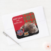 "HOP CALM AND KAT ON", RED TARTAN, CAT TEA PARTIJ VIERKANTE STICKER (Envelop)