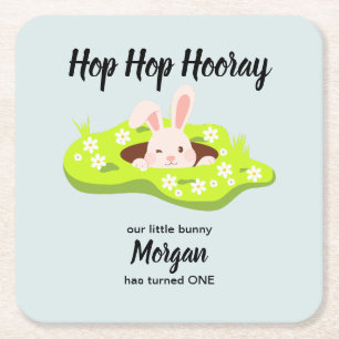 Hop Hooray wat konijnenhol 1e verjaardag Kartonnen Onderzetters