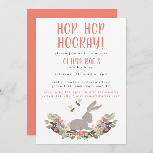 Hop Hop Hooray Rabbit Birthday Party Invitation Kaart (Voorkant / Achterkant)