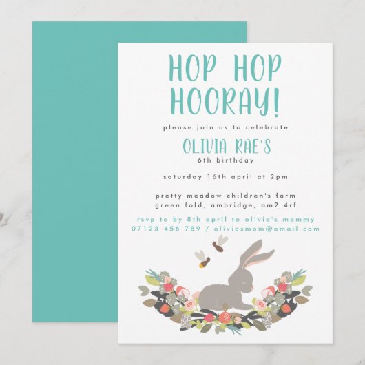 Hop Hop Hooray Rabbit Birthday Party Invitation Kaart (Voorkant / Achterkant)