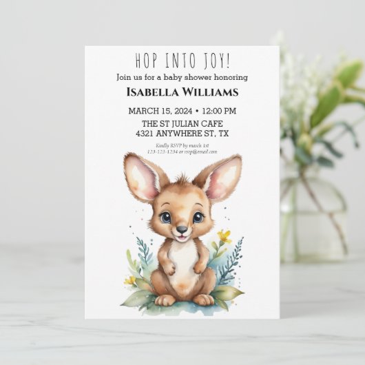 Hop in Joy Schattige Kangoeroe Waterverf Baby show Kaart (Staand voorkant)