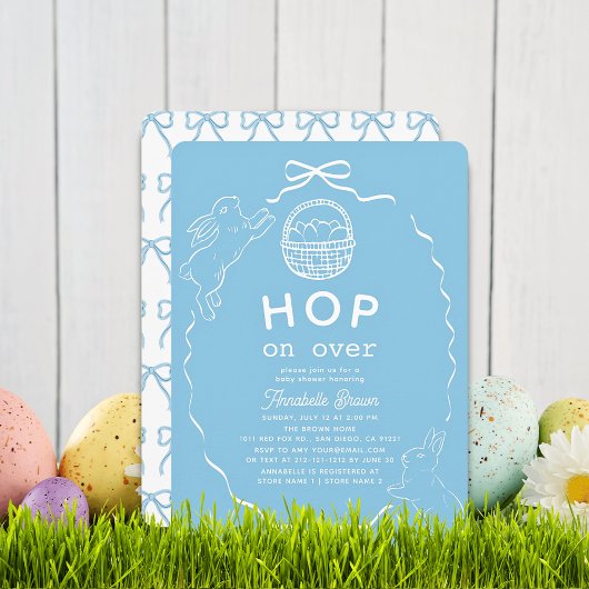 Hop on Over Blue Bow Bunny Boy Baby Shower Kaart