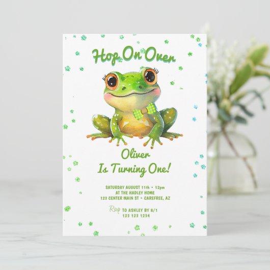 Hop On Over Frog 1e Verjaardag Kaart (Staand voorkant)