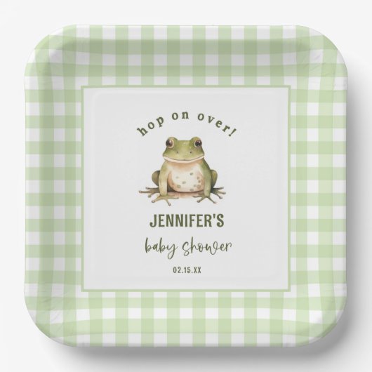 Hop On Over Frog Theme Baby shower Papieren Bordje (Voorkant)
