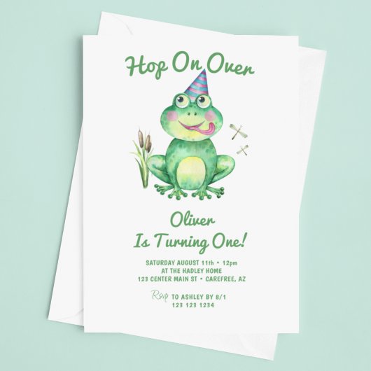 Hop On Over Green Frog 1e Verjaardag Kaart