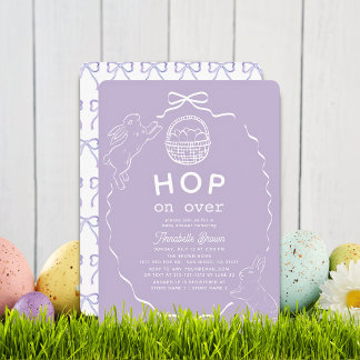 Hop on Over Lavender Bow Bunny Baby Shower Kaart