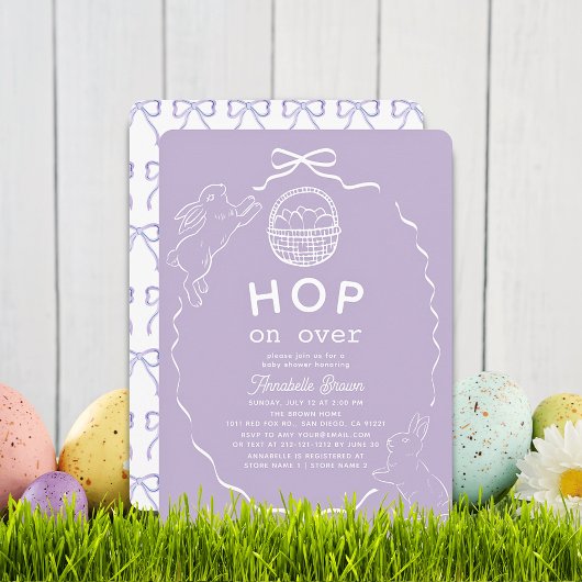 Hop on Over Lavender Bow Bunny Baby Shower Kaart